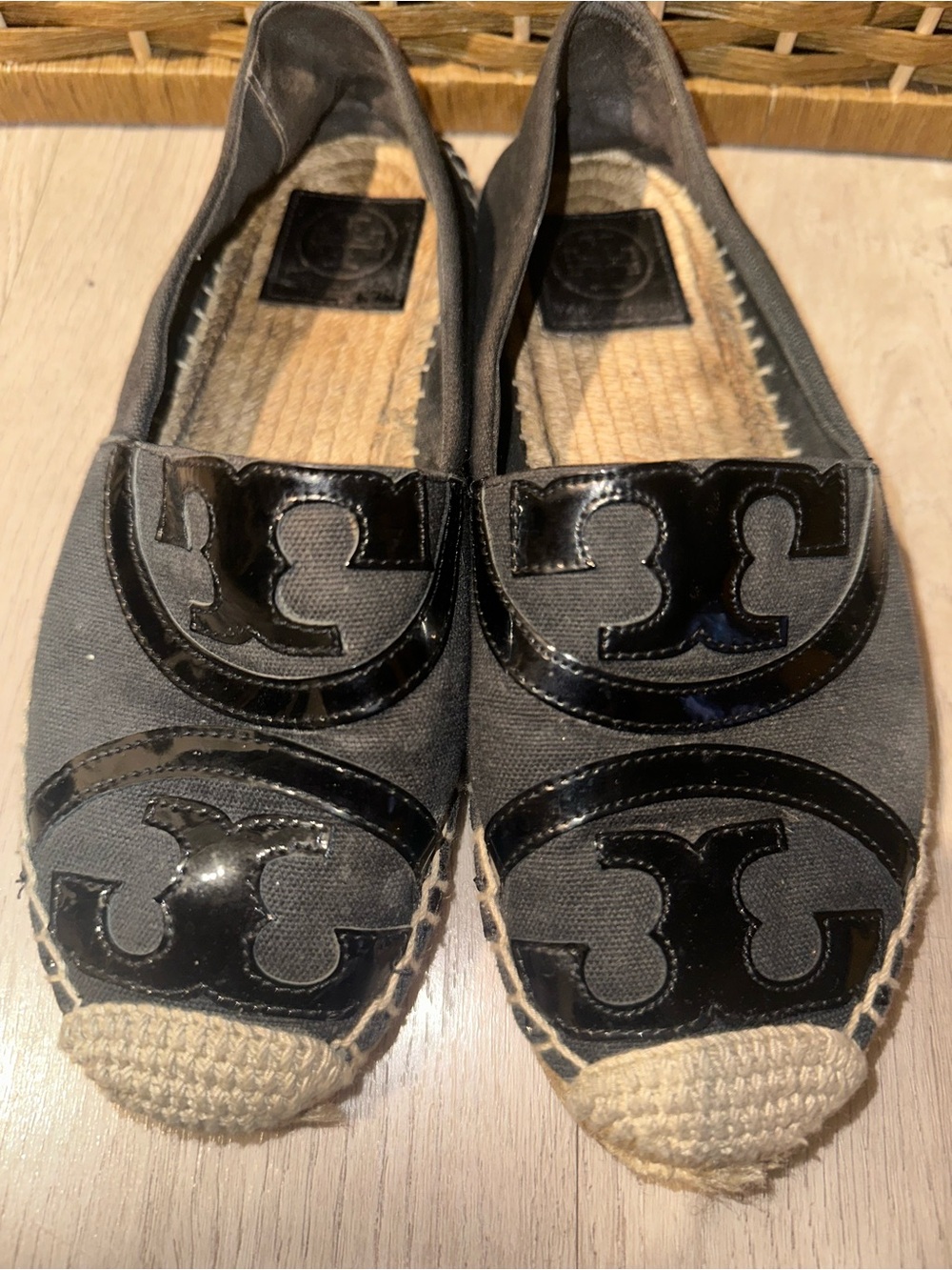 Tory Burch Gray Canvas Espadrille Flats with Black Patent Logo